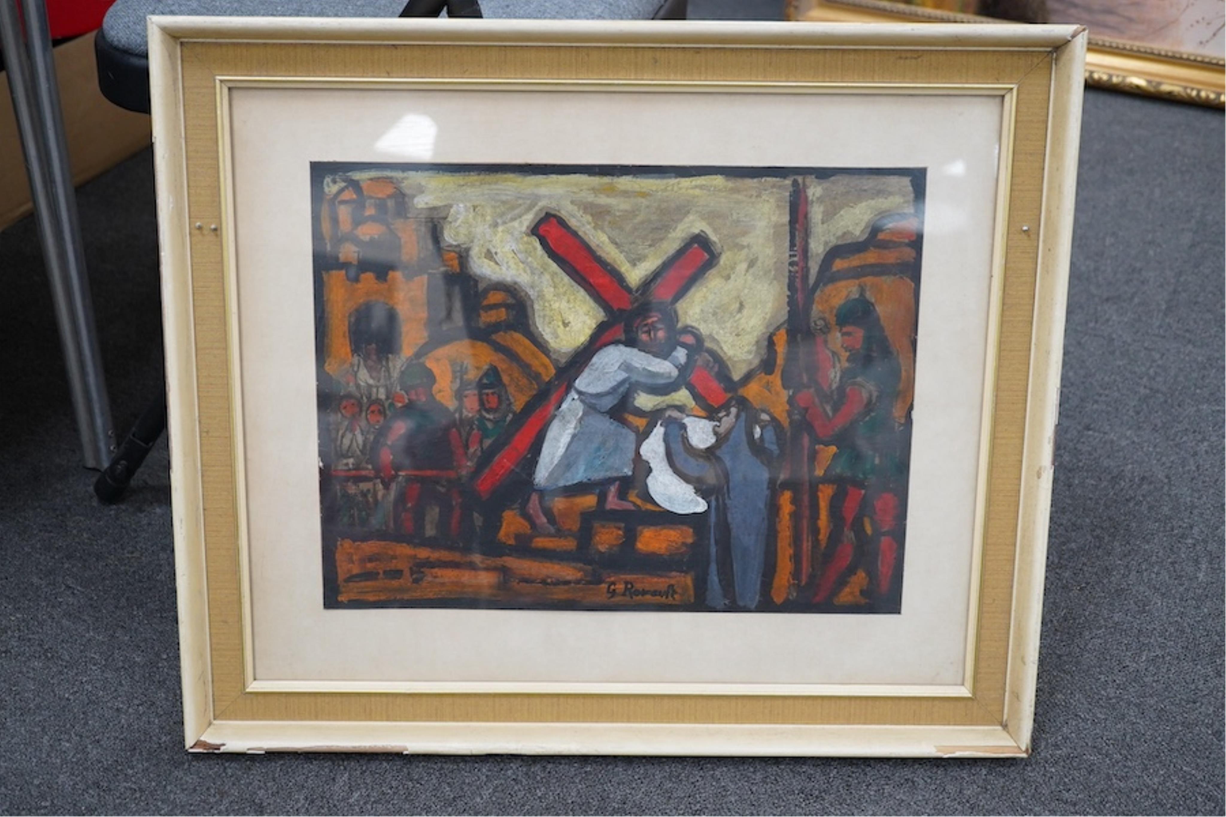 After Georges Rouault (French, 1871-1958), overpainted print, Christ on the cross, 31 x 42cm. Condition- good